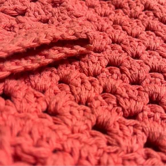 VINTAGE Hand Knit Open Weave Coral Pink Button Up Cardigan with Crochet Flowers - Picture 4 of 8